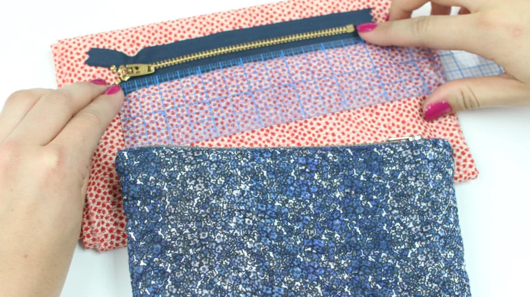 Measuring the zip length for a quilted wash bag using a ruler.