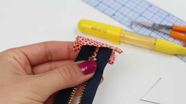 Positioning fabric zip tabs over the end of a zip for a quilted wash bag