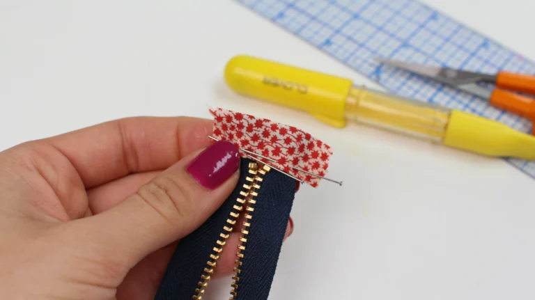 Close-up view of zip tabs pinned neatly around the zip tape