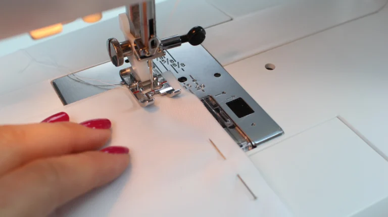 Sewing the lining edge of a quilted wash bag on a sewing machine.