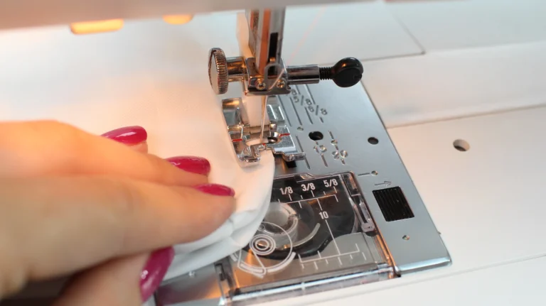 Sewing the bottom seam on a quilted wash bag using a standard sewing machine foot.