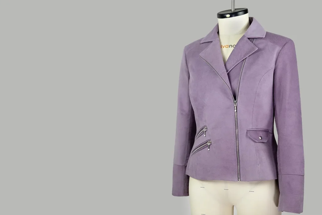 Paxton jacket sample shown on a mannequin, featuring a fitted leather jacket design.