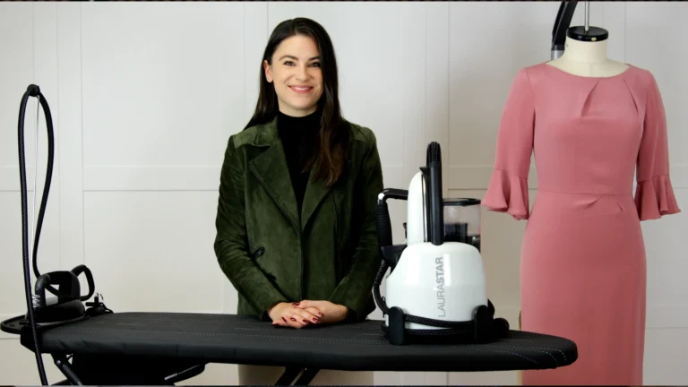 Aneka Truman with Laurastar iron at ironing board - essential sewing tool for dressmaking