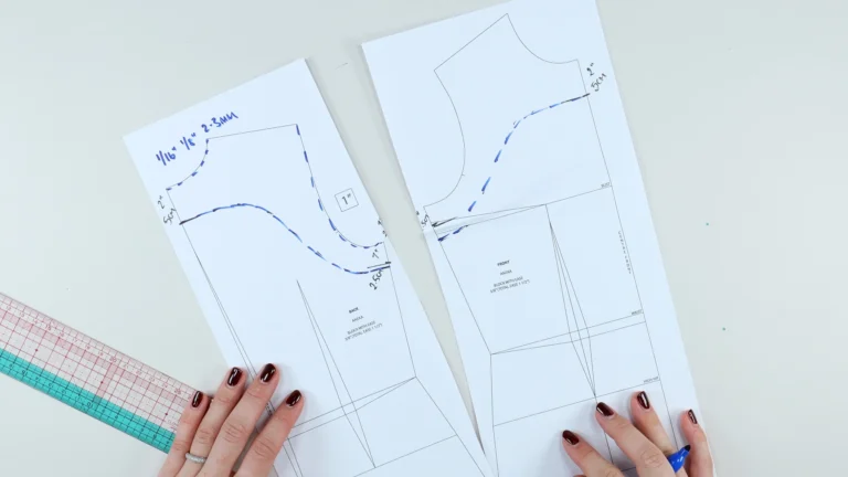 Completed favouring drawn onto the back pattern at the armhole and neckline for all-in-one facing