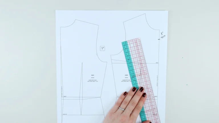 Drawn all-in-one facing depth at the centre front of a bodice block pattern