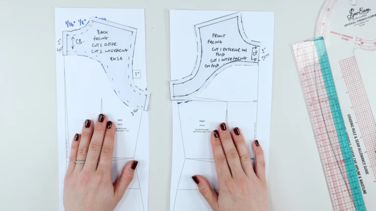 Front and back all-in-one facing pattern pieces drafted for a sleeveless bodice