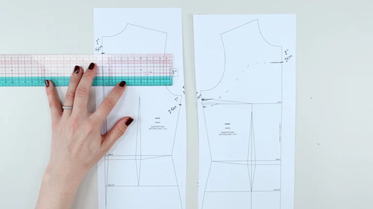 Drawn all-in-one facing depth at the centre back of a bodice block pattern