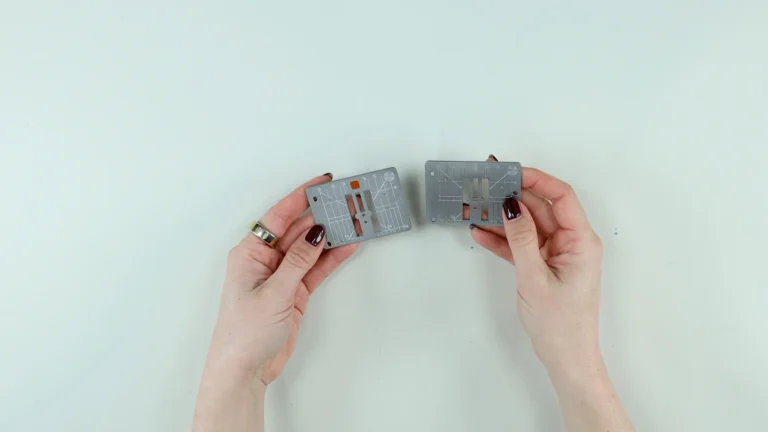Standard needle plate compared to a straight stitch needle plate for sewing lightweight fabrics