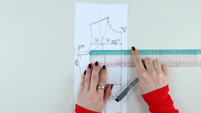 Measuring and marking the cross front line on a bodice block for a trapeze halterneck top pattern