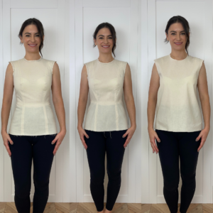 Three stages of fitting a toile during the Made to Fit bodice and sleeve block drafting class