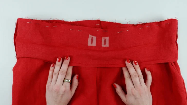 Pinned waistband, matched right sides of the fabric together to the right side of the garment